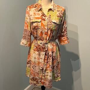 Boho Shirt Dress Patchwork Print Rayon Smocked Waist Button Front Sz M